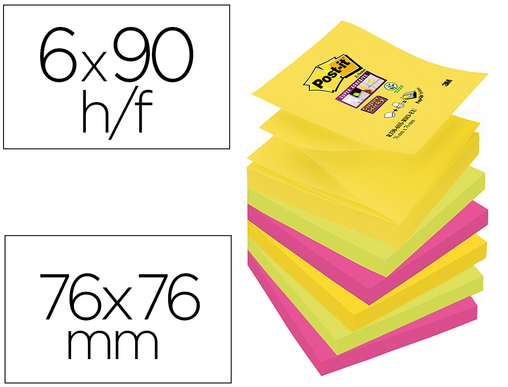 6 blocs de 90 z-notas adhesivas quita y pon Post-it Super Sticky zig-zag 76x76mm. colores surtidos